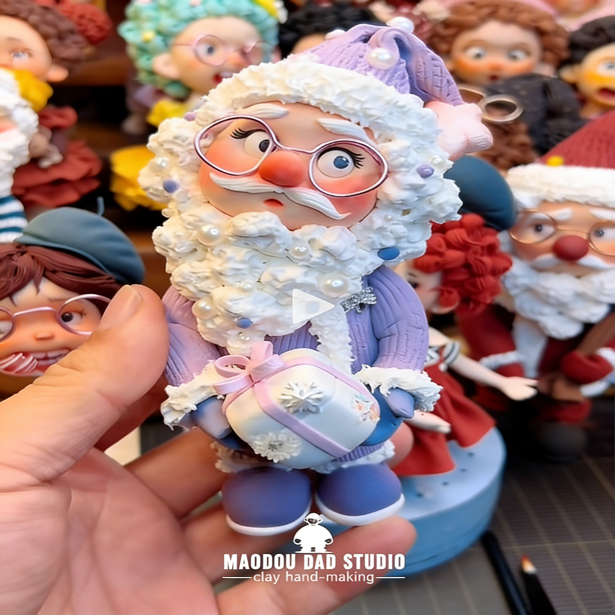 Handmade Santa Claus clay figurine – front view with fluffy white beard and purple hat