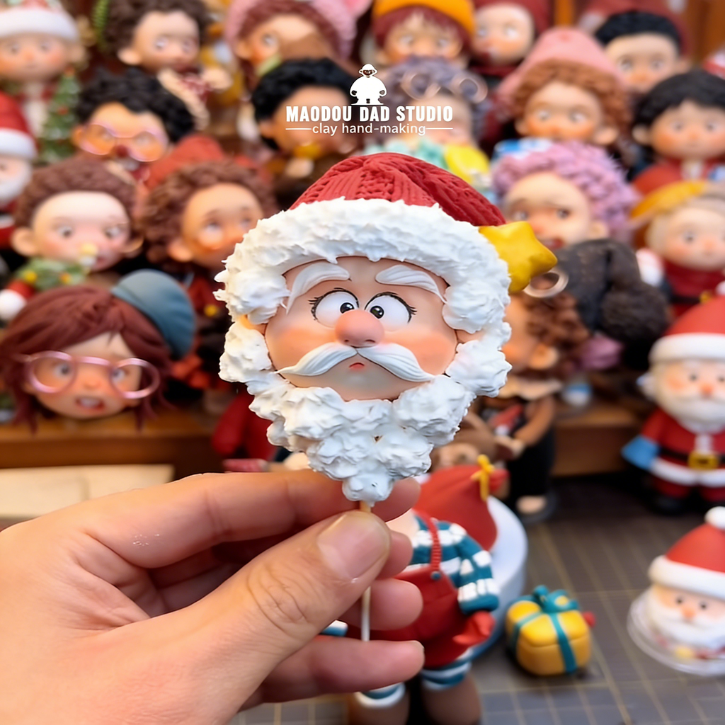 Santa Claus clay art figurine – close-up of hand-painted face and round glasses