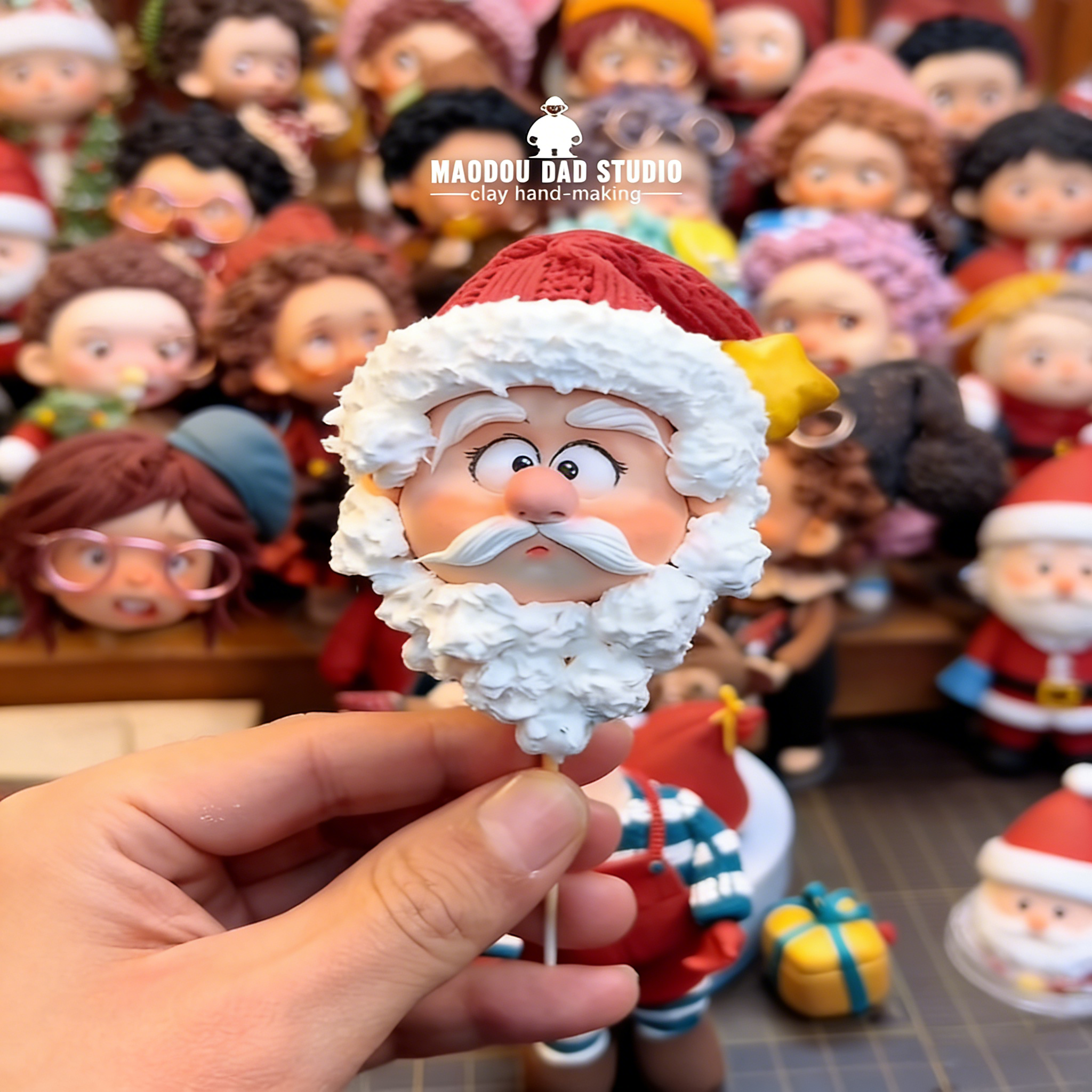 Santa Claus clay art figurine – close-up of hand-painted face and round glasses