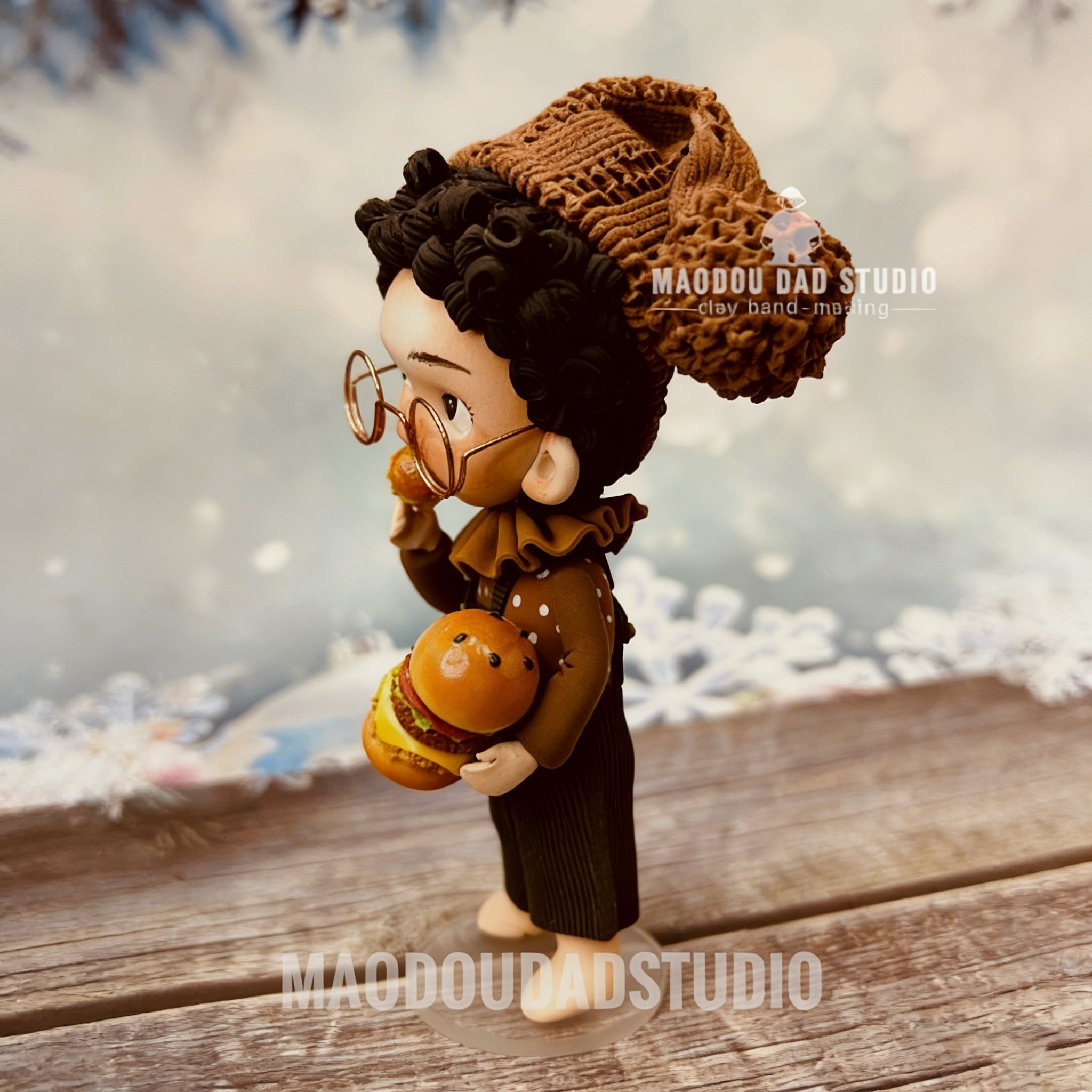 Hamburger Cutie artisan clay figurine – side view showing joyful expression and detailed food prop
