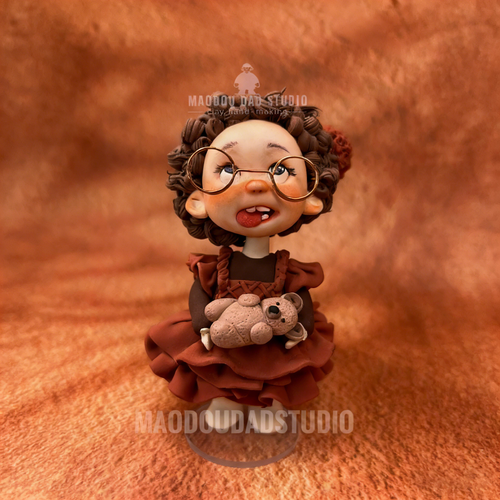 Girl in Red Dress clay figurine – handmade princess gift hugging tiny bear